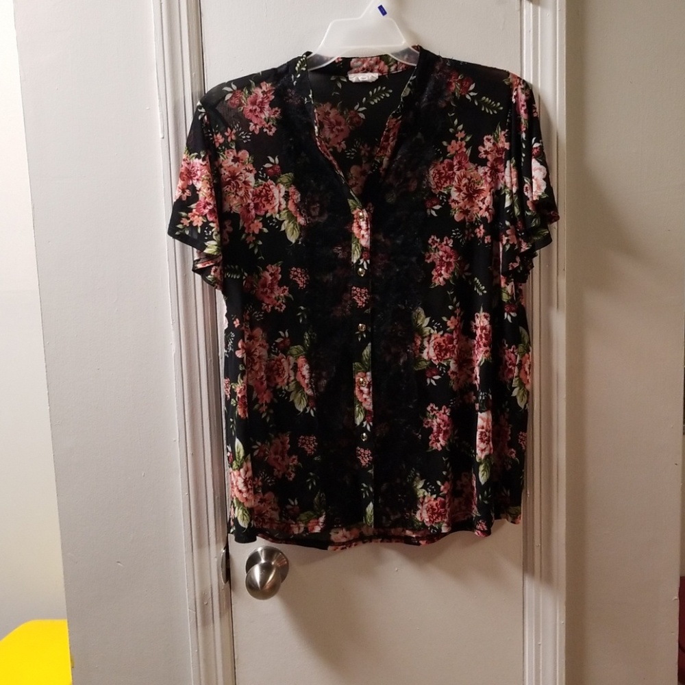 Black and floral print button down shirt